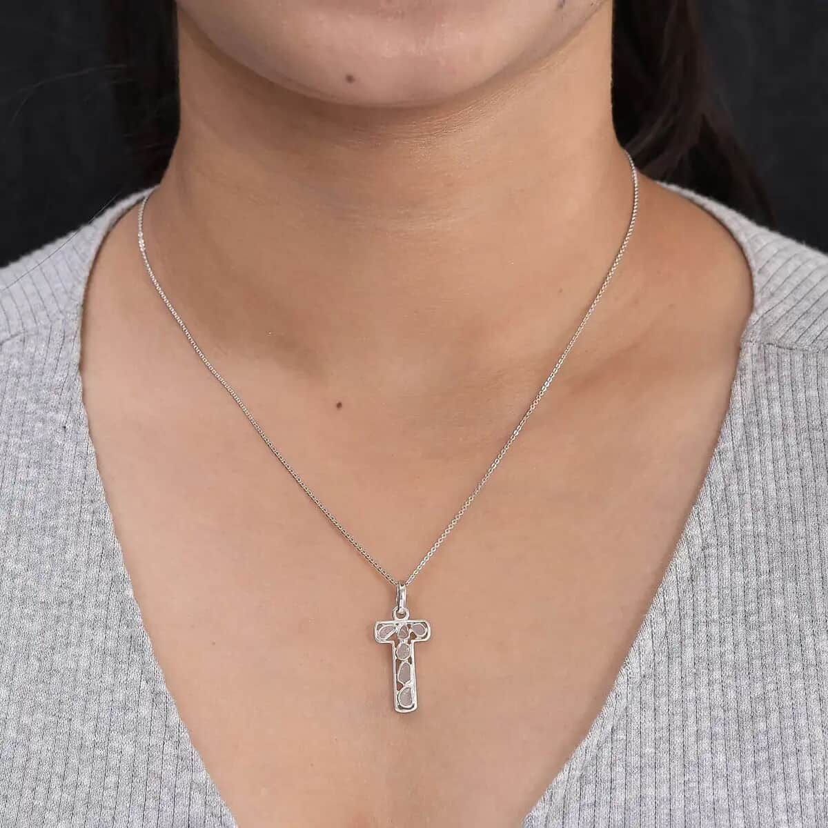 Artisan Crafted Polki Diamond Initial T Pendant Necklace (20 Inches) in Platinum Over Sterling Silver image number 6
