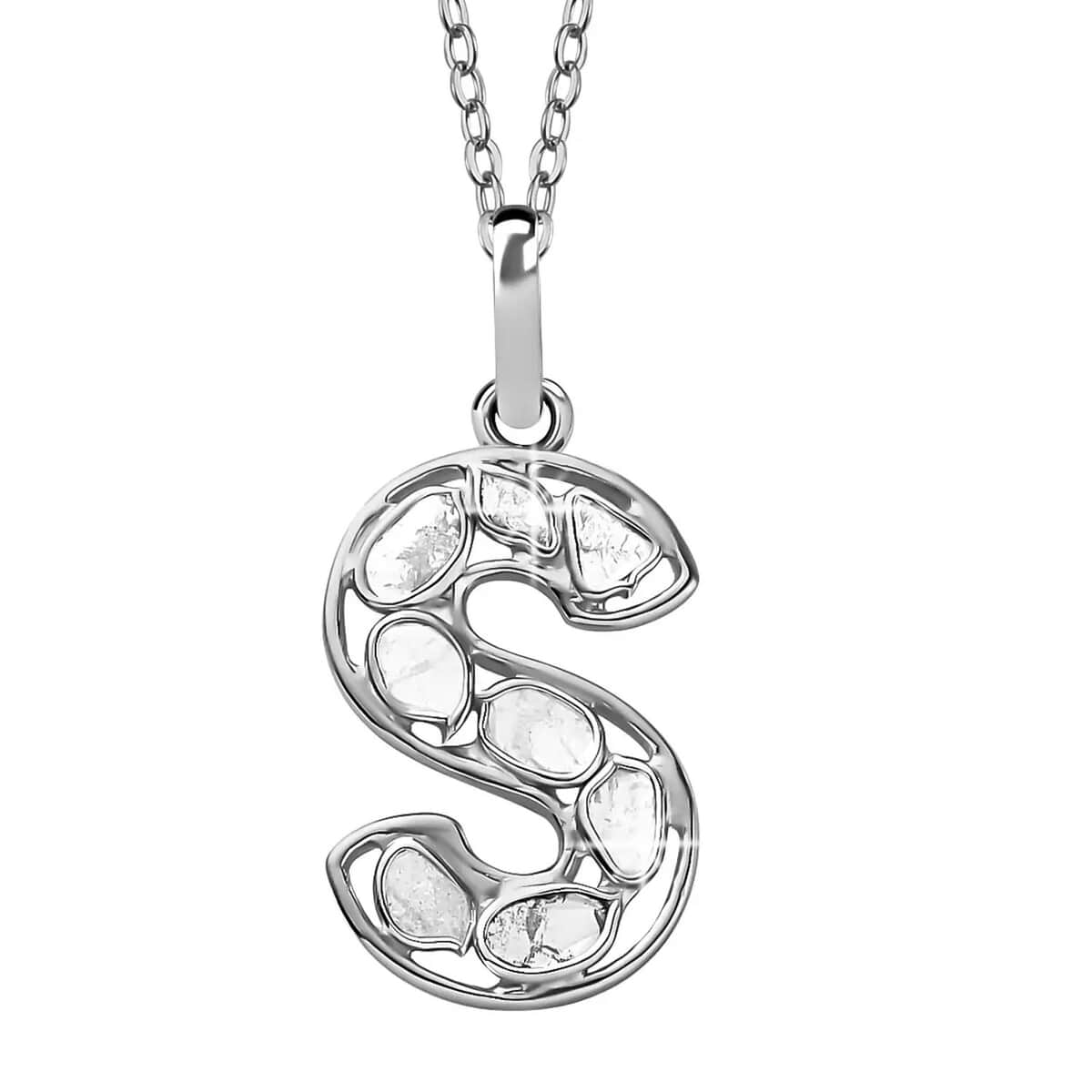 Artisan Crafted Polki Diamond Pendant Necklace, Initial S Pendant Necklace, 20 Inch Necklace in Platinum Over Sterling Silver, Polki Diamond Jewelry 0.50 ctw image number 0