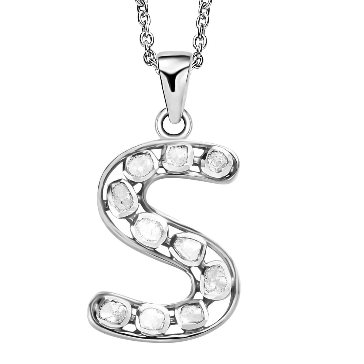 Artisan Crafted Polki Diamond Pendant Necklace, Initial S Pendant Necklace, 20 Inch Necklace in Platinum Over Sterling Silver, Polki Diamond Jewelry 0.50 ctw image number 0