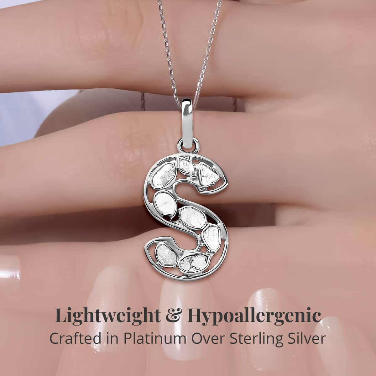 Artisan Crafted Polki Diamond Pendant Necklace, Initial S Pendant Necklace, 20 Inch Necklace in Platinum Over Sterling Silver, Polki Diamond Jewelry 0.50 ctw image number 2