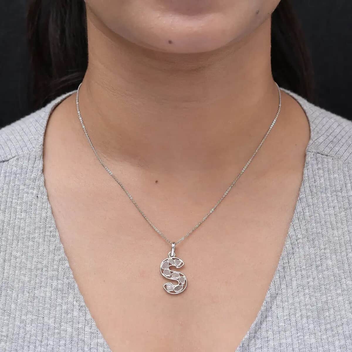 Artisan Crafted Polki Diamond Pendant Necklace, Initial S Pendant Necklace, 20 Inch Necklace in Platinum Over Sterling Silver, Polki Diamond Jewelry 0.50 ctw image number 6