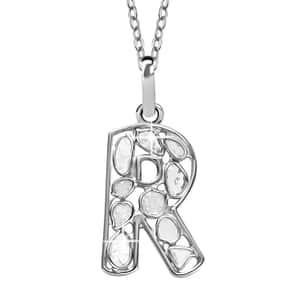 Natural Uncut Polki Diamond Initial R Pendant Necklace (20 Inches) in Platinum Over Sterling Silver