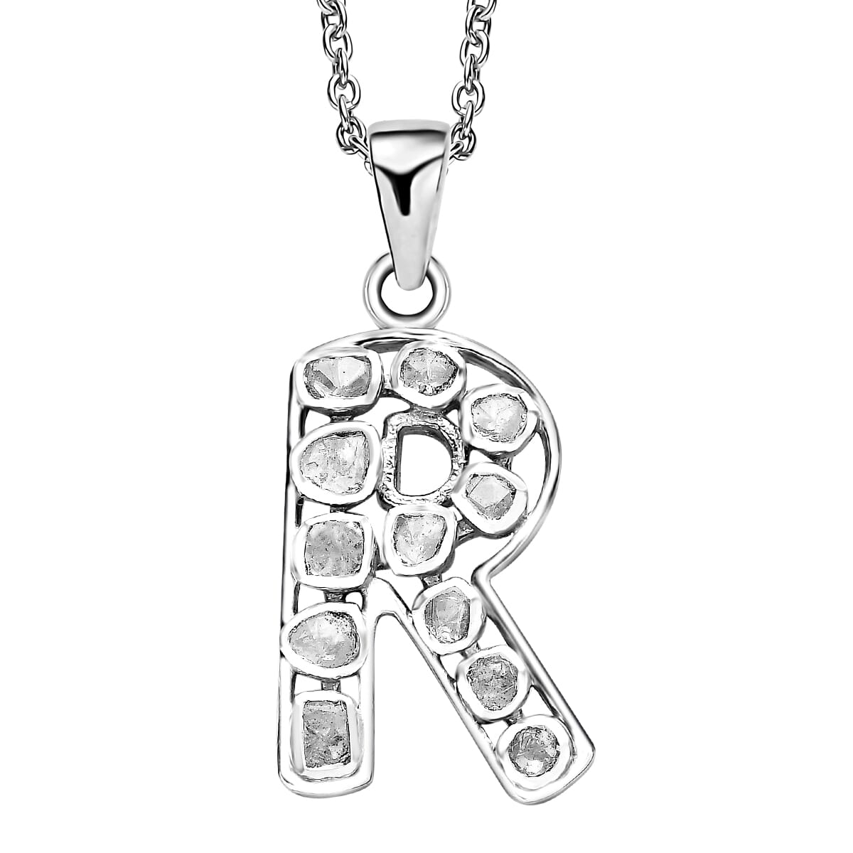 Artisan Crafted Polki Diamond Initial R Pendant Necklace (20 Inches) in Platinum Over Sterling Silver image number 0