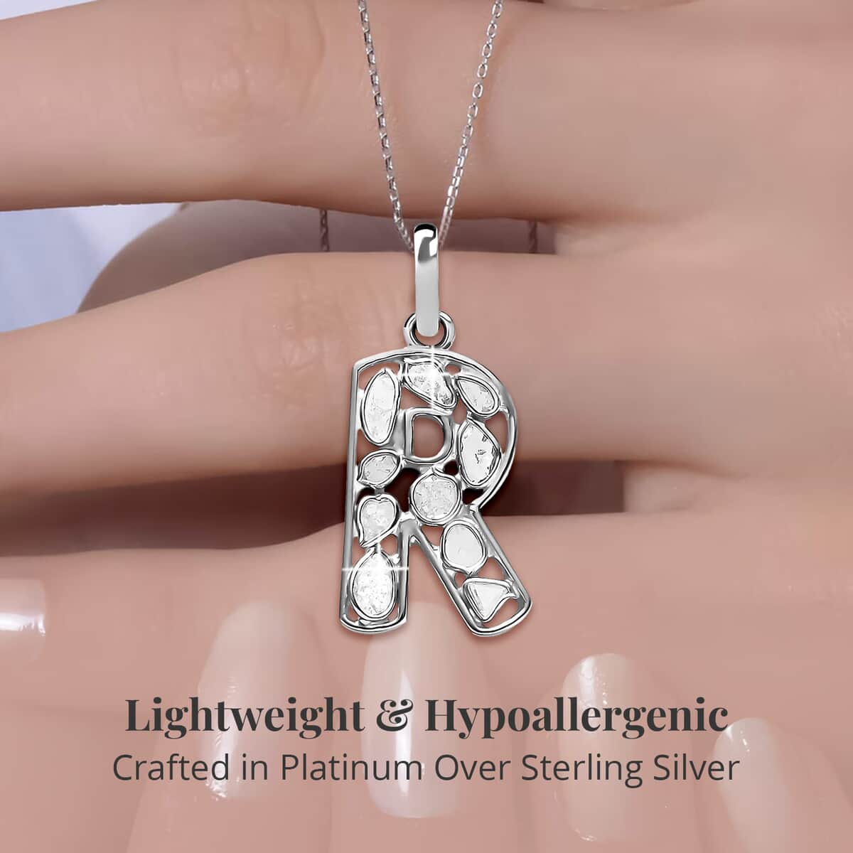 Artisan Crafted Polki Diamond Initial R Pendant Necklace (20 Inches) in Platinum Over Sterling Silver image number 2