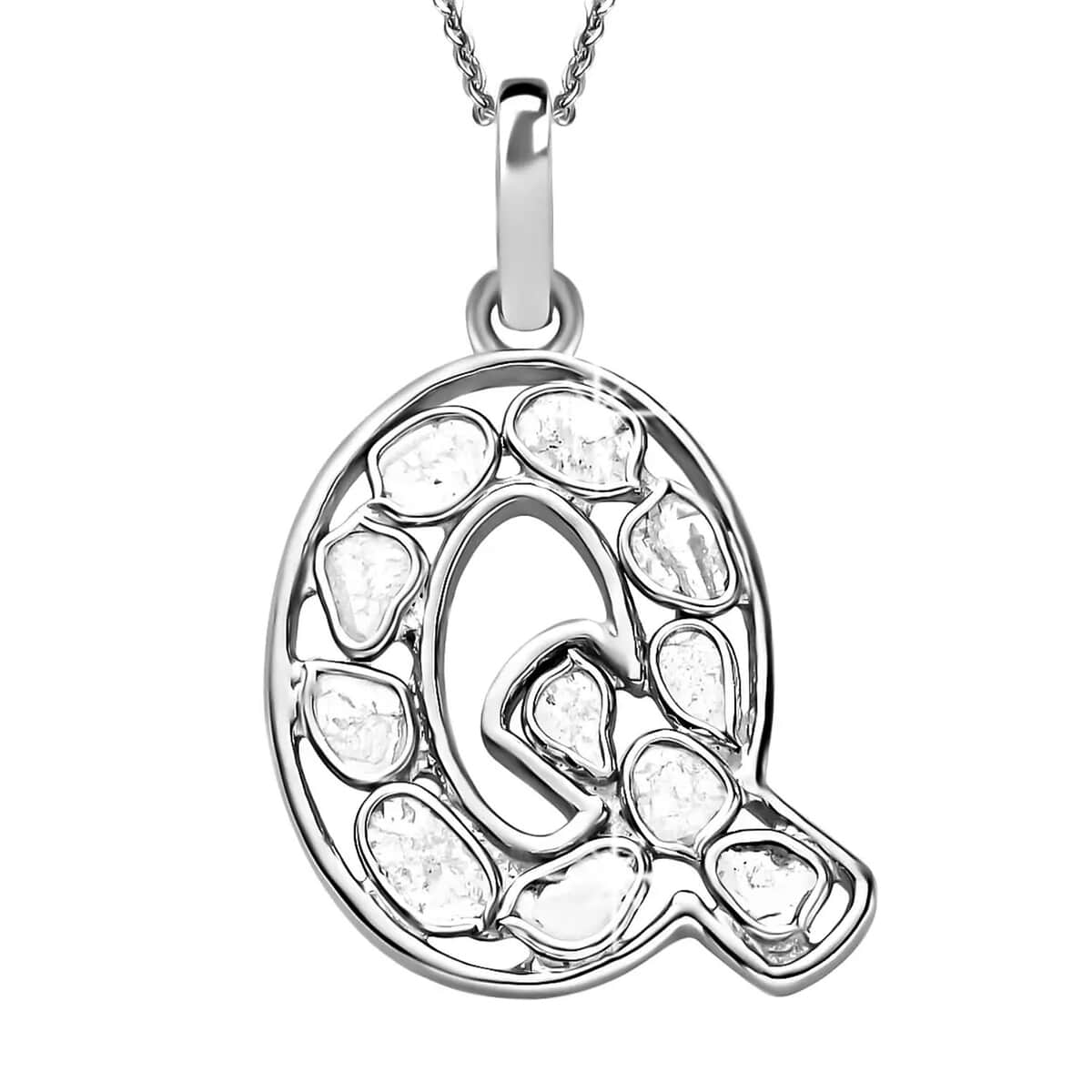 Natural Uncut Polki Diamond Initial Q Pendant Necklace  in Platinum Over Sterling Silver 20 Inches 0.50 ctw image number 0