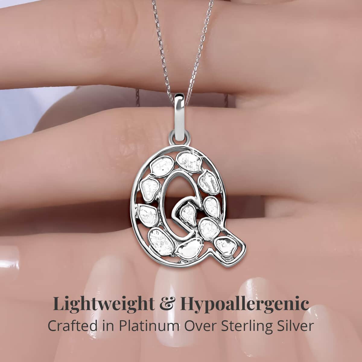 Natural Uncut Polki Diamond Initial Q Pendant Necklace  in Platinum Over Sterling Silver 20 Inches 0.50 ctw image number 2