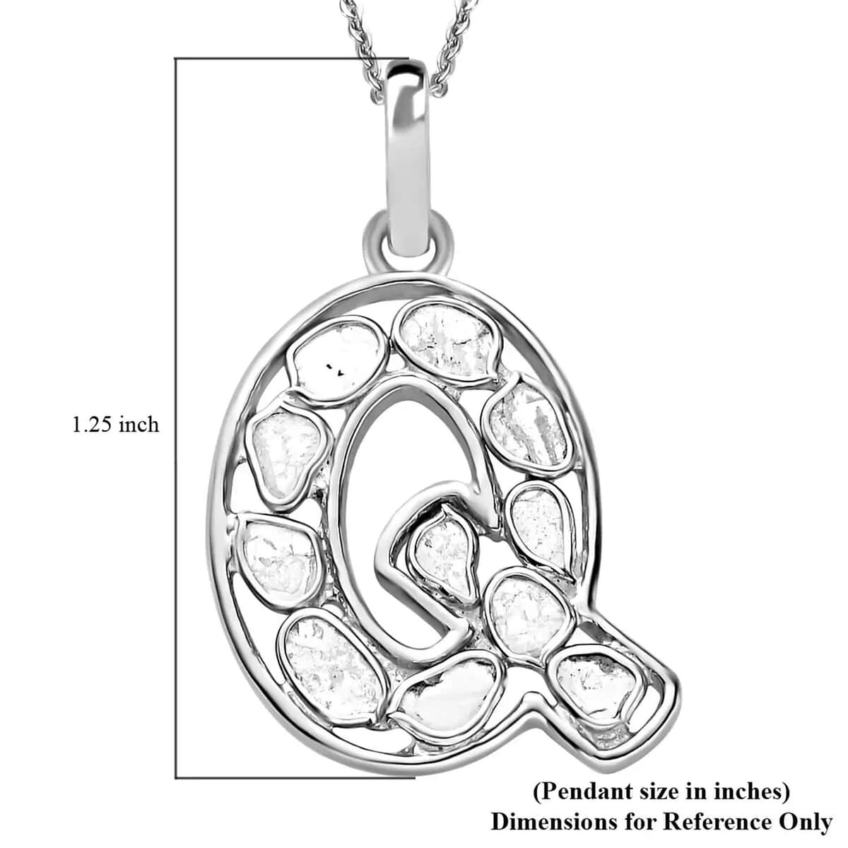Natural Uncut Polki Diamond Initial Q Pendant Necklace  in Platinum Over Sterling Silver 20 Inches 0.50 ctw image number 5