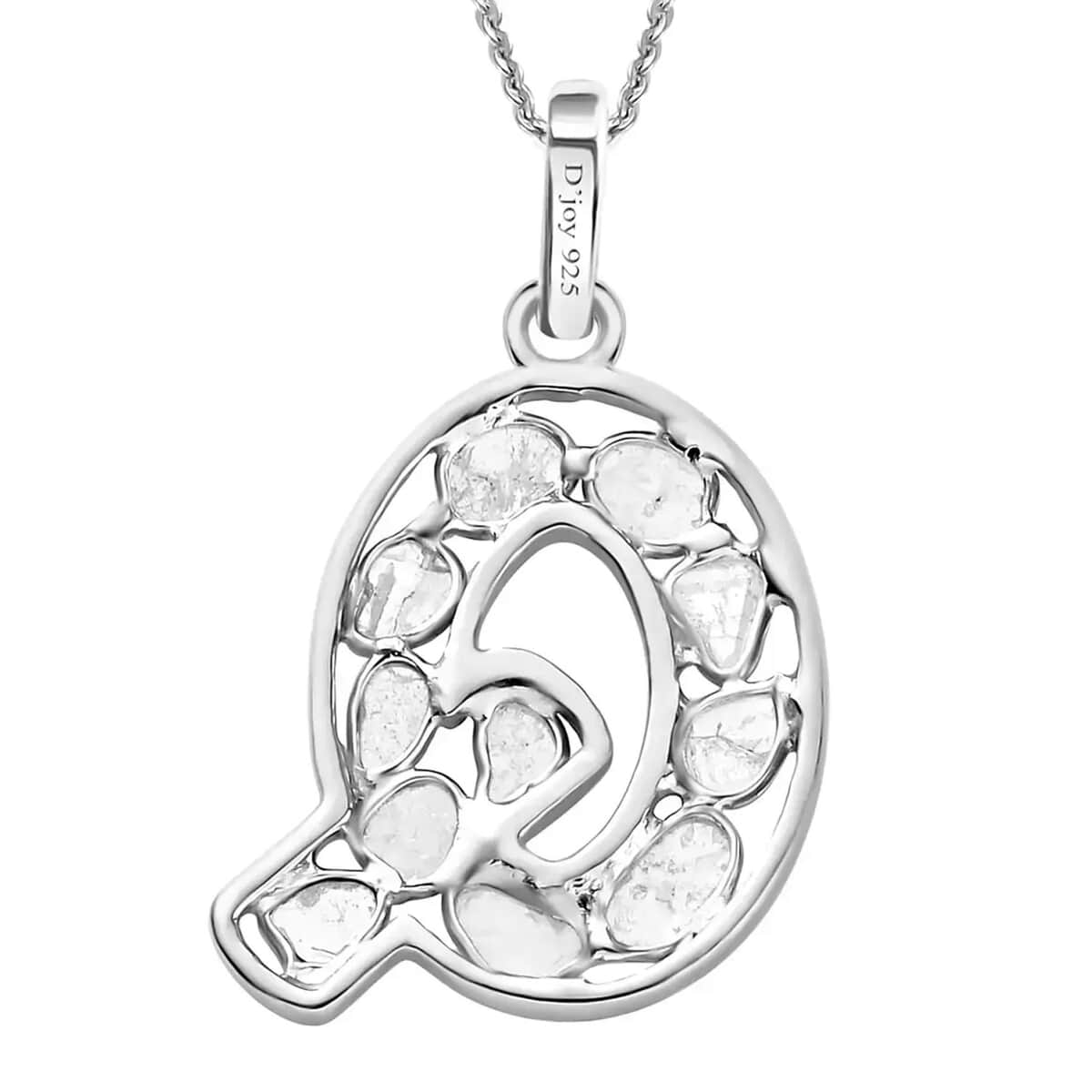 Natural Uncut Polki Diamond Initial Q Pendant Necklace  in Platinum Over Sterling Silver 20 Inches 0.50 ctw image number 7
