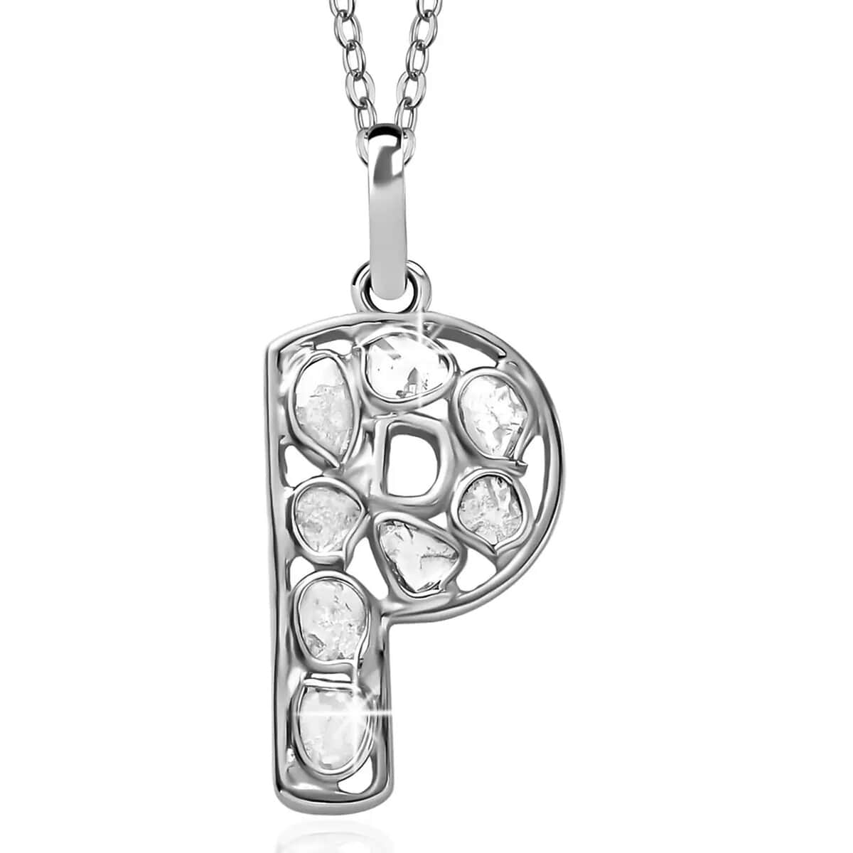 Natural Uncut Polki Diamond Initial P Pendant Necklace (20 Inches) in Platinum Over Sterling Silver image number 0