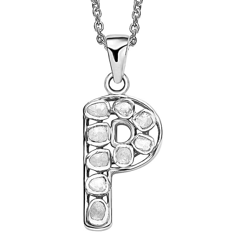 Natural Uncut Polki Diamond 0.50 ctw Initial P Pendant Necklace in Platinum Over Sterling Silver 20 Inches
