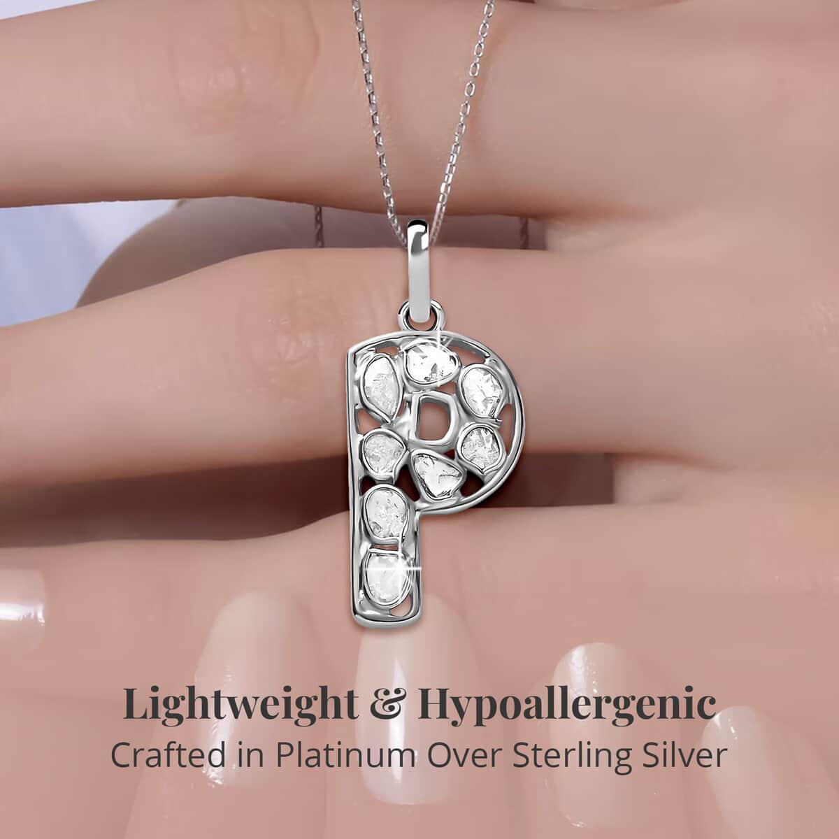 Natural Uncut Polki Diamond Initial P Pendant Necklace (20 Inches) in Platinum Over Sterling Silver image number 2