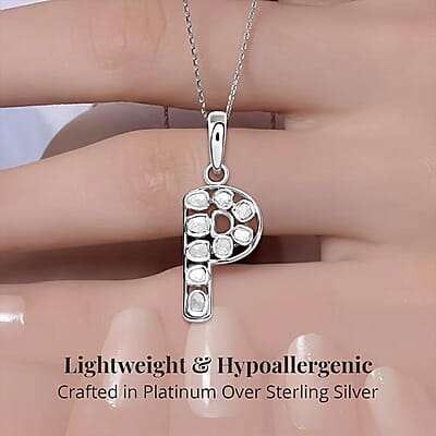 Natural Uncut Polki Diamond 0.50 ctw Initial P Pendant Necklace in Platinum Over Sterling Silver 20 Inches