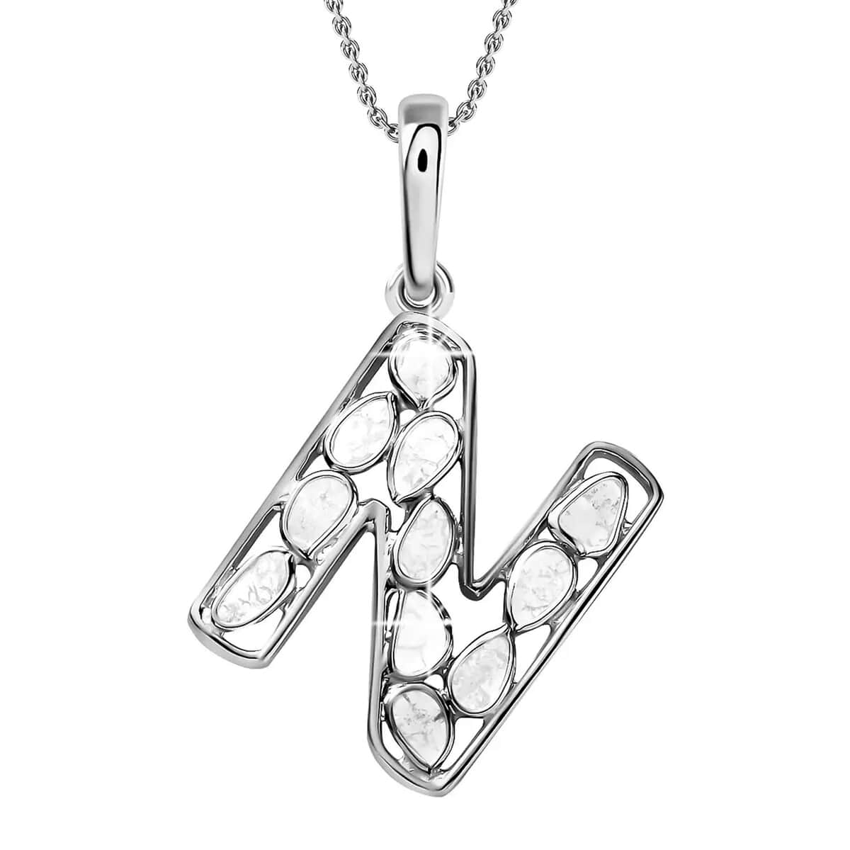 Artisan Crafted Polki Diamond Initial N Pendant Necklace (20 Inches) in Platinum Over Sterling Silver image number 0