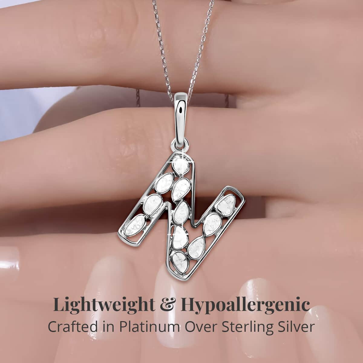 Artisan Crafted Polki Diamond Initial N Pendant Necklace (20 Inches) in Platinum Over Sterling Silver image number 2