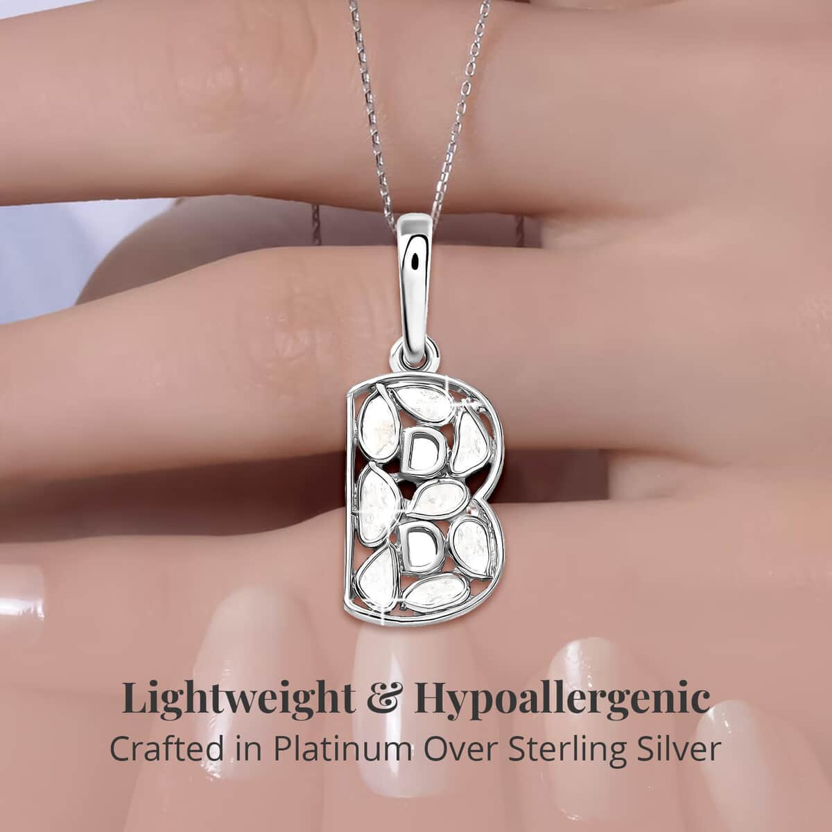 Artisan Crafted Polki Diamond Initial B Pendant Necklace (20 Inches) in Platinum Over Sterling Silver image number 2