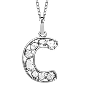 Natural Uncut Polki Diamond Initial C Pendant Necklace (20 Inches) in Platinum Over Sterling Silver