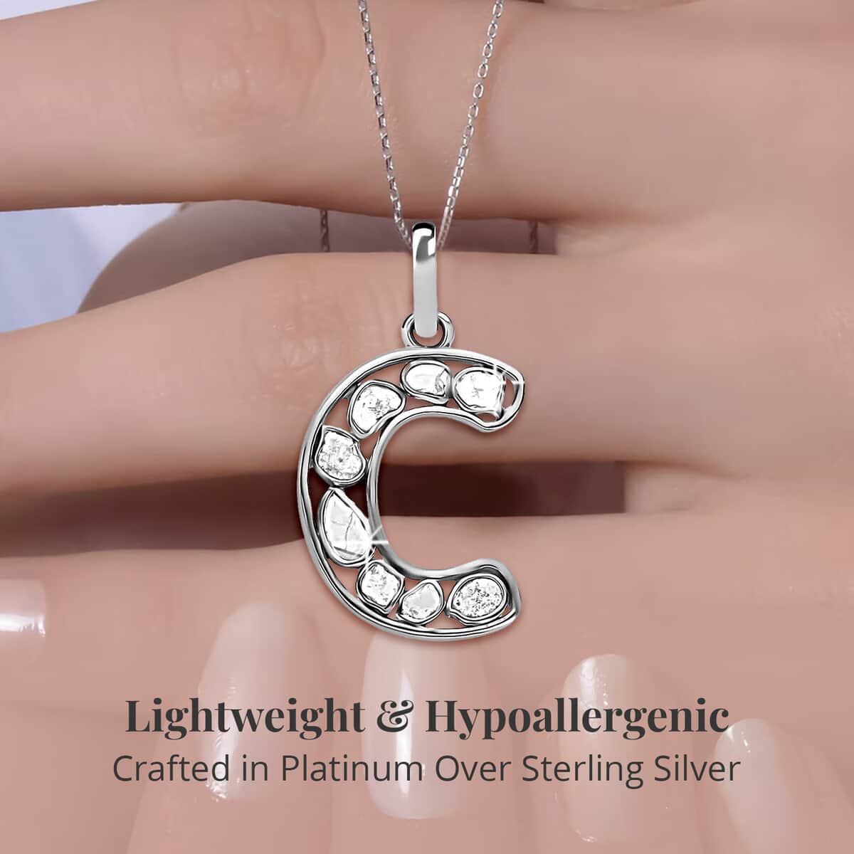 Natural Uncut Polki Diamond Initial C Pendant Necklace (20 Inches) in Platinum Over Sterling Silver image number 2