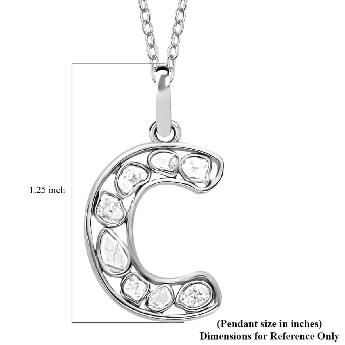 Natural Uncut Polki Diamond Initial C Pendant Necklace  in Platinum Over Sterling Silver 20 Inches 0.50 ctw image number 5