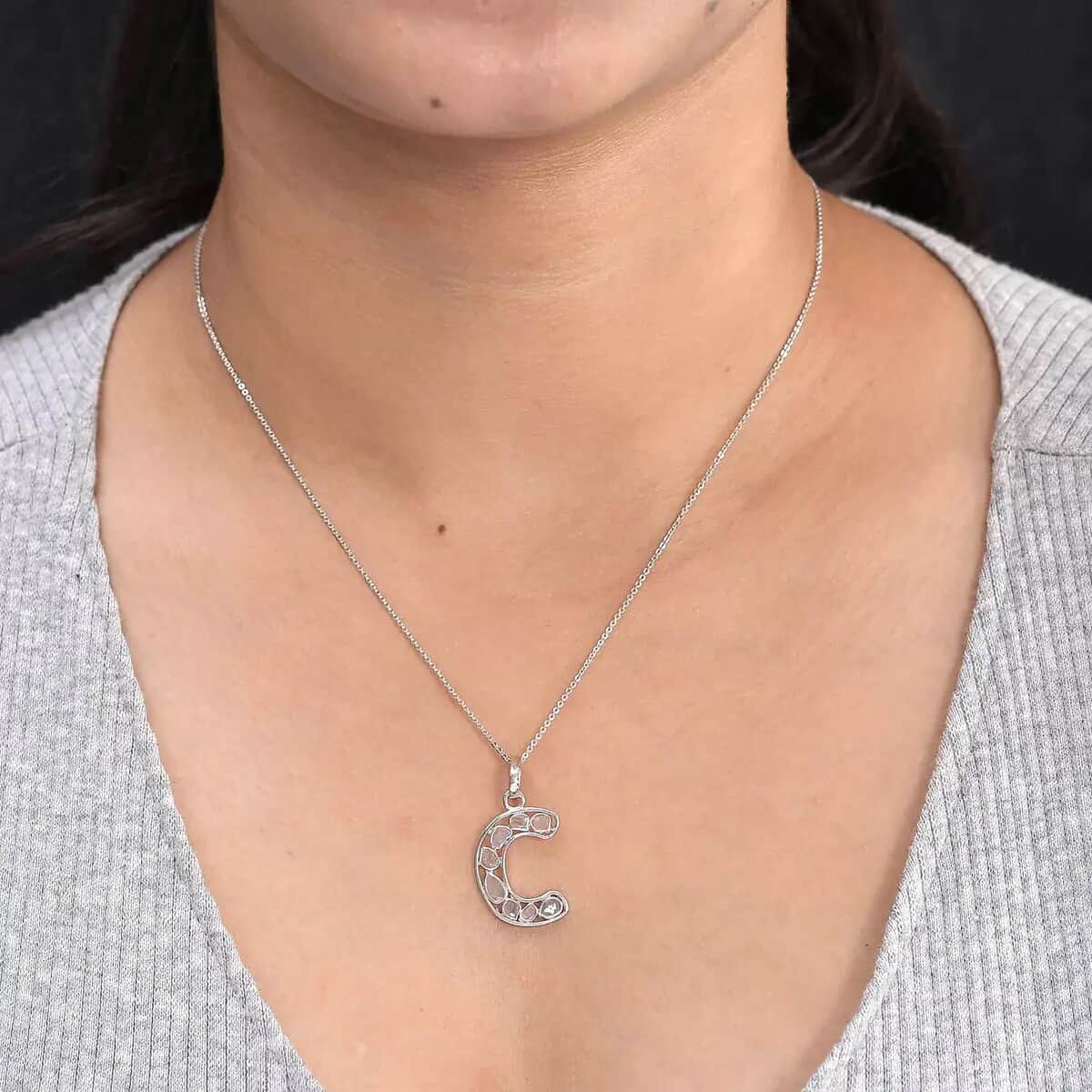 Natural Uncut Polki Diamond Initial C Pendant Necklace  in Platinum Over Sterling Silver 20 Inches 0.50 ctw image number 6