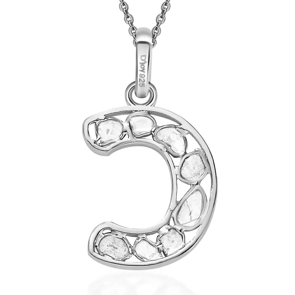 Natural Uncut Polki Diamond Initial C Pendant Necklace  in Platinum Over Sterling Silver 20 Inches 0.50 ctw image number 7