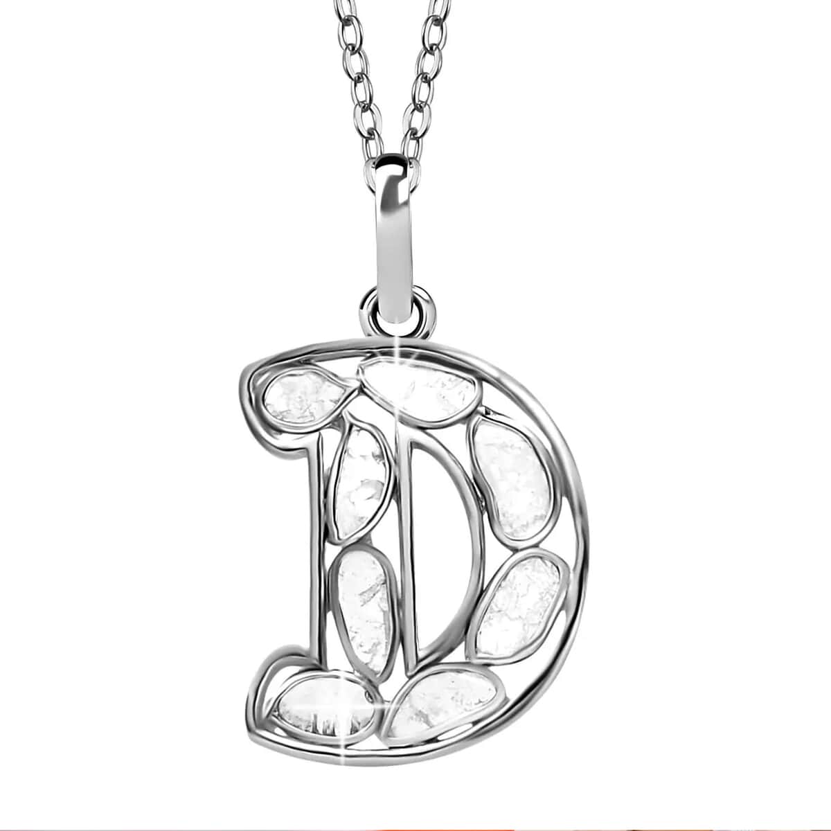 Artisan Crafted Polki Diamond Initial D Pendant Necklace (20 Inches) in Platinum Over Sterling Silver image number 0