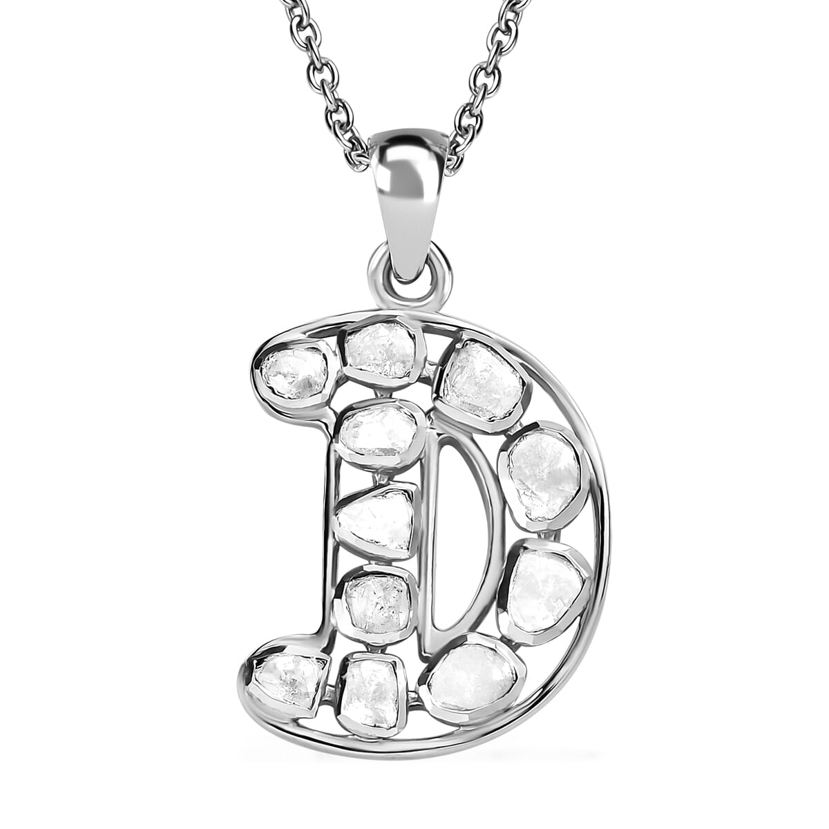 Artisan Crafted Polki Diamond Initial D Pendant Necklace (20 Inches) in Platinum Over Sterling Silver image number 0