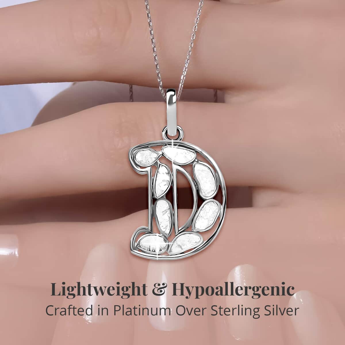 Artisan Crafted Polki Diamond Initial D Pendant Necklace (20 Inches) in Platinum Over Sterling Silver image number 2