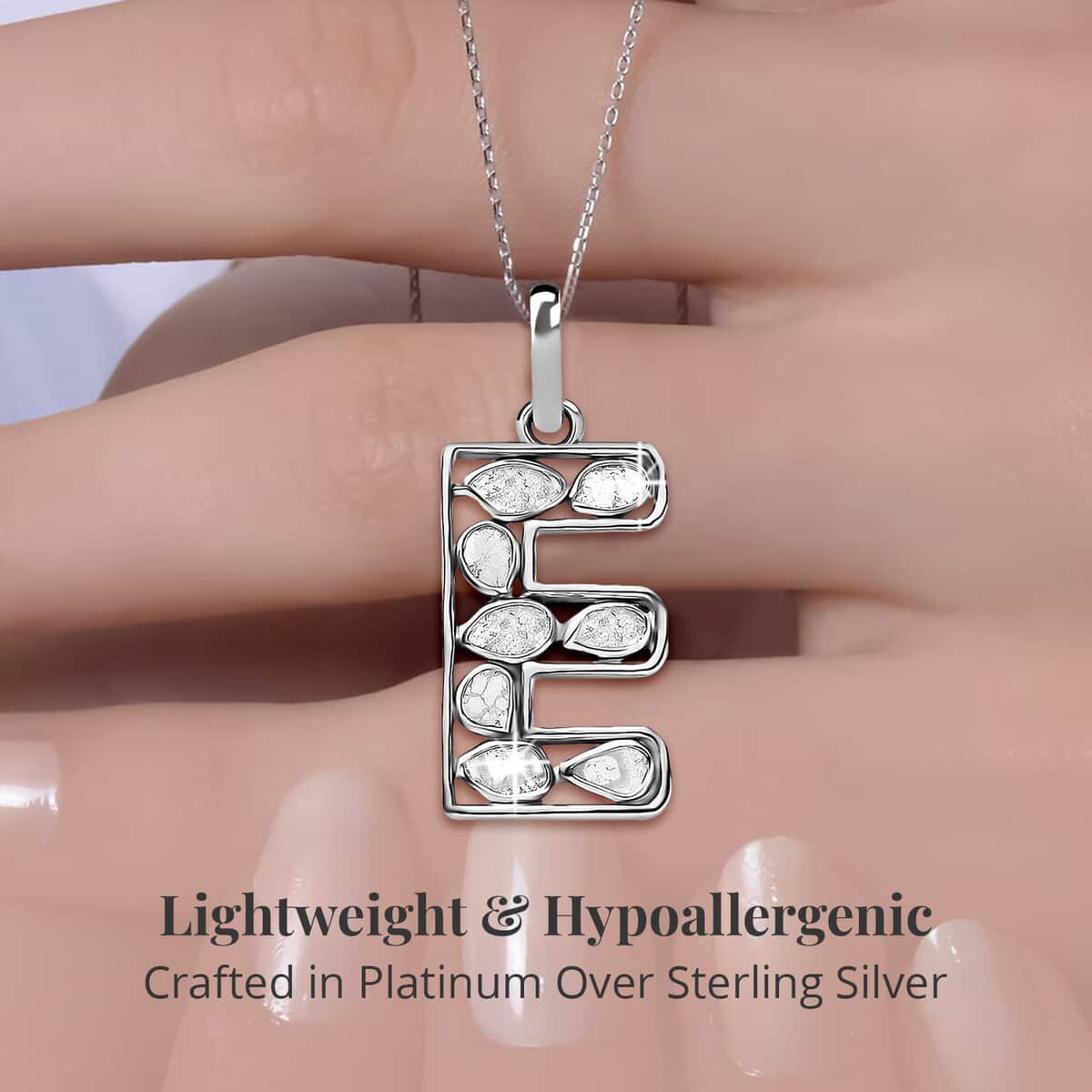 Artisan Crafted Polki Diamond Initial E Pendant Necklace (20 Inches) in Platinum Over Sterling Silver 0.50 ctw image number 2