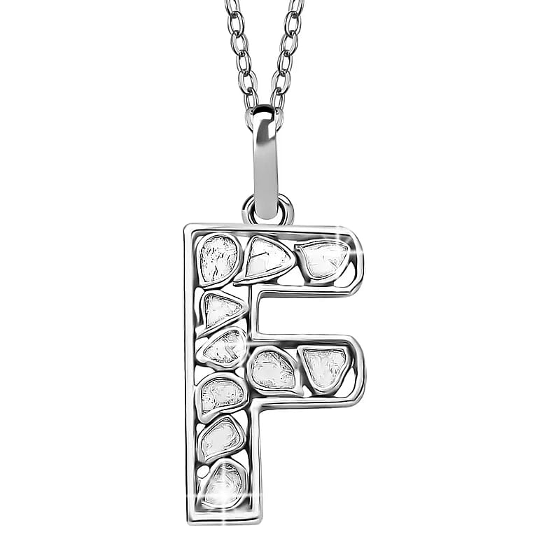 Natural Uncut Polki Diamond 0.50 ctw Initial F Pendant Necklace in Platinum Over Sterling Silver 20 Inches