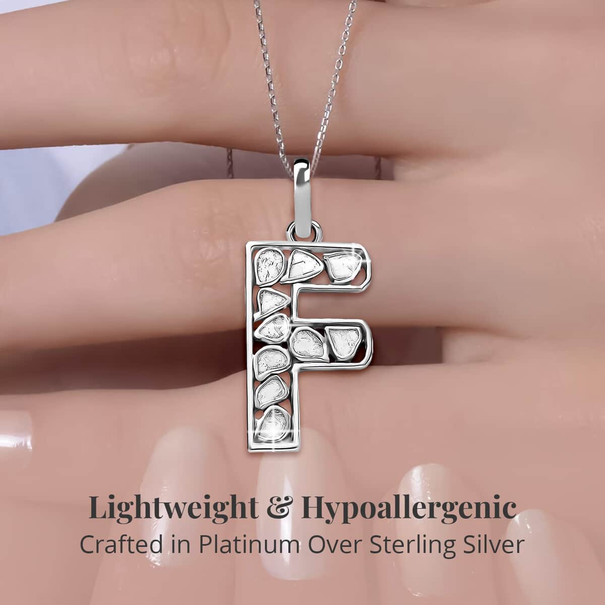 Natural Uncut Polki Diamond 0.50 ctw Initial F Pendant Necklace in Platinum Over Sterling Silver 20 Inches image number 2