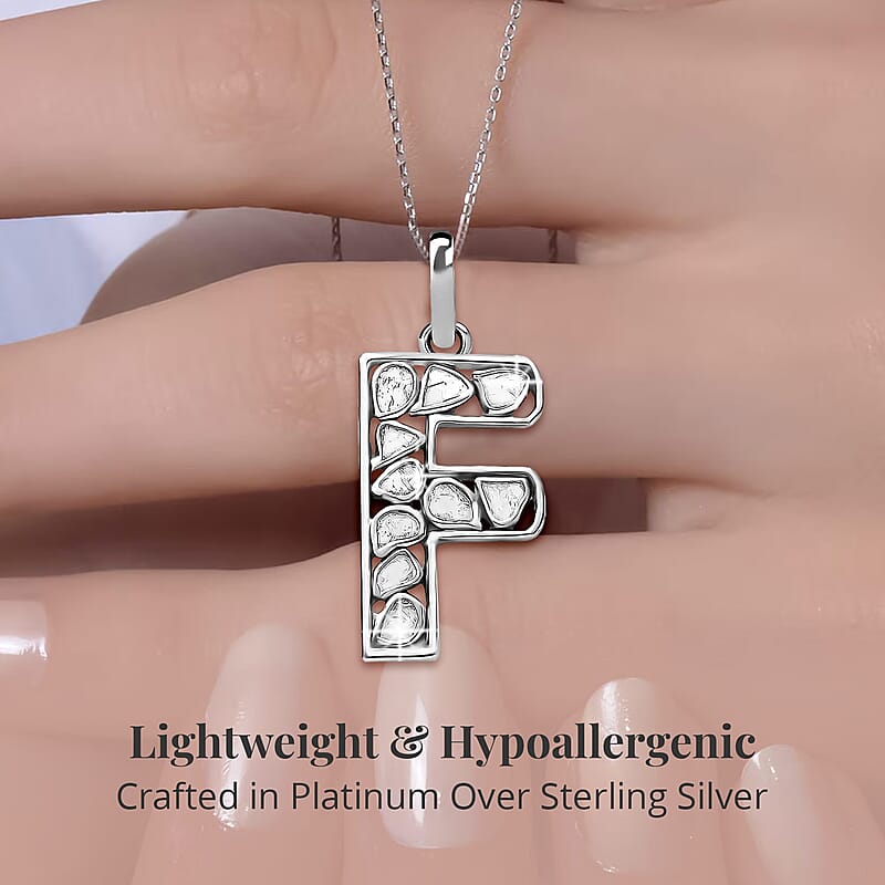 Natural Uncut Polki Diamond 0.50 ctw Initial F Pendant Necklace in Platinum Over Sterling Silver 20 Inches