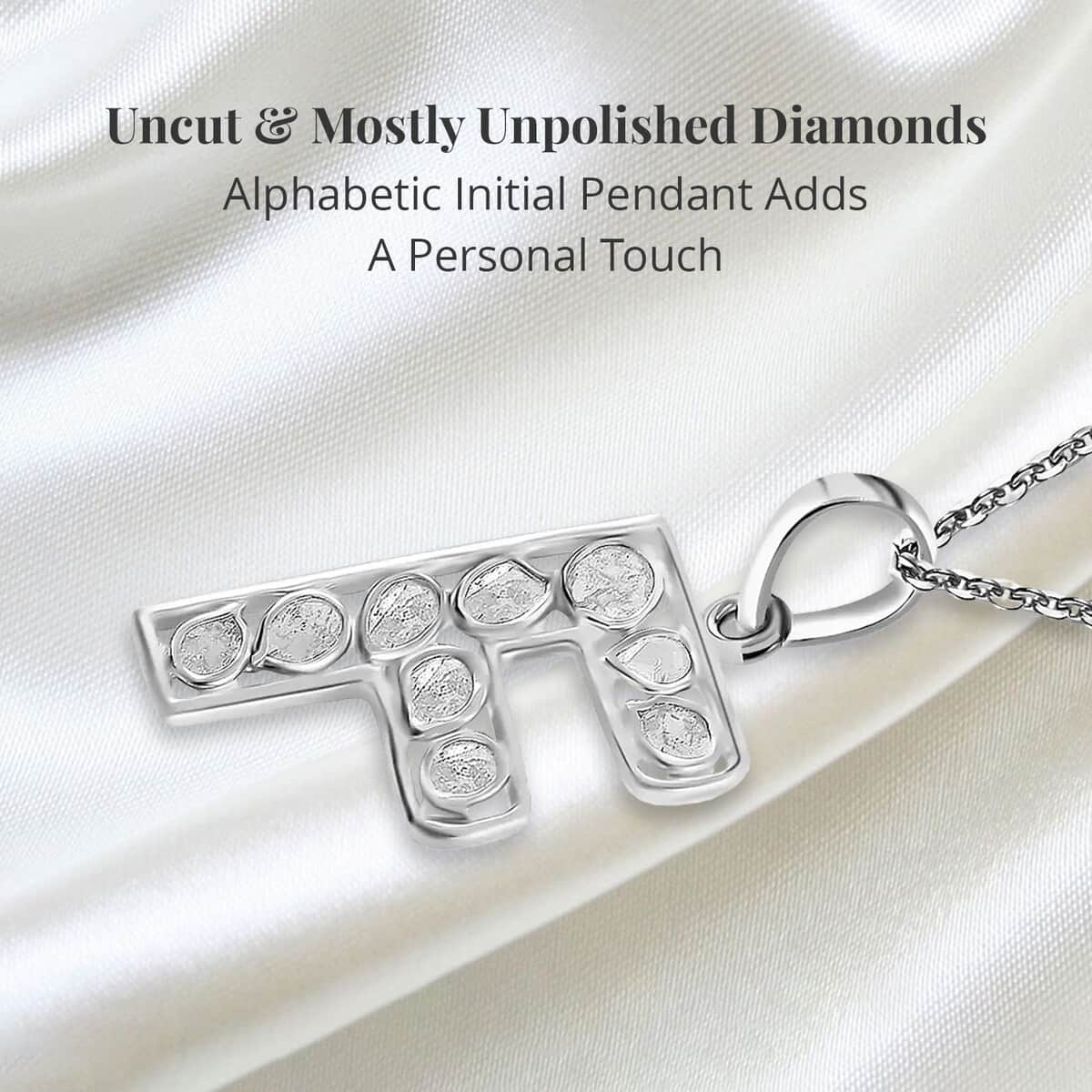 Natural Uncut Polki Diamond Initial F Pendant Necklace  in Platinum Over Sterling Silver 20 Inches 0.50 ctw image number 3