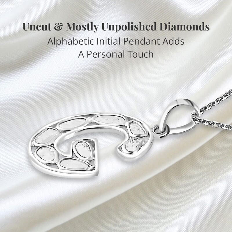 Natural Uncut Polki Diamond Initial G Pendant Necklace  in Platinum Over Sterling Silver 20 Inches 0.50 ctw