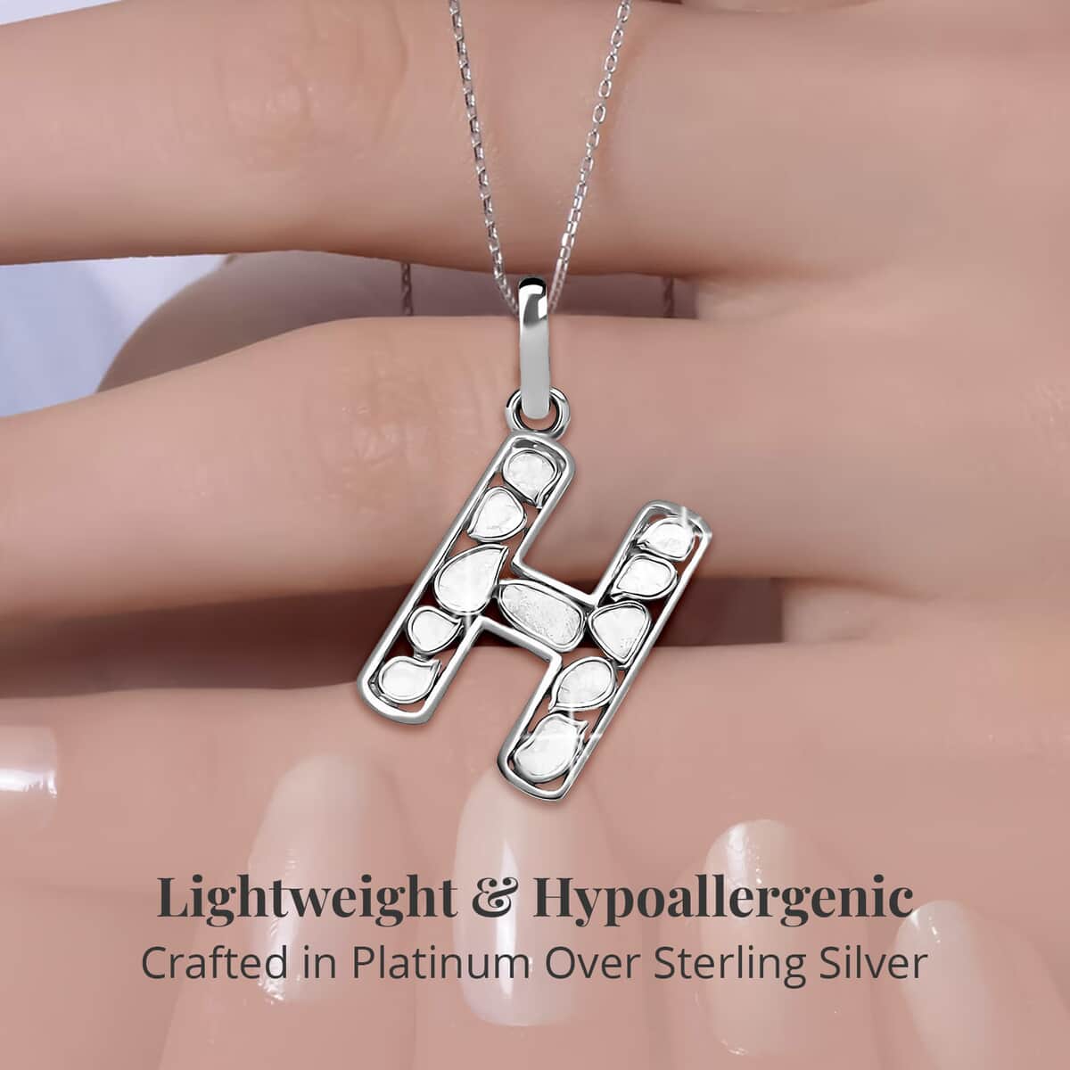 Artisan Crafted Polki Diamond Initial H Pendant Necklace (20 Inches) in Platinum Over Sterling Silver image number 2