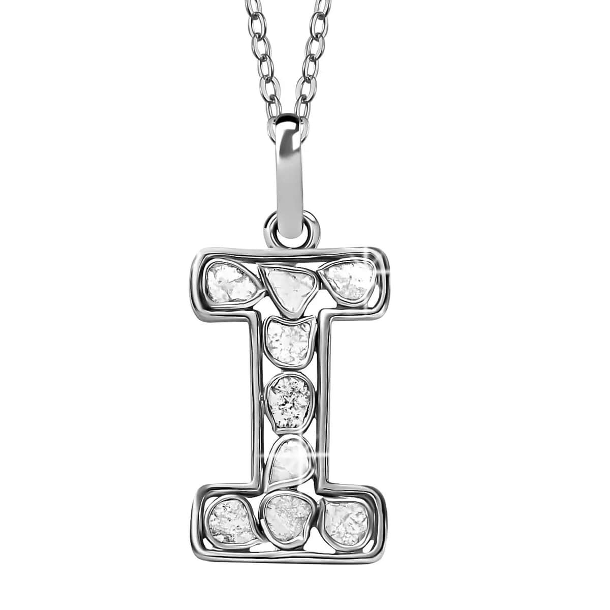 Artisan Crafted Polki Diamond Initial I Pendant Necklace (20 Inches) in Platinum Over Sterling Silver image number 0