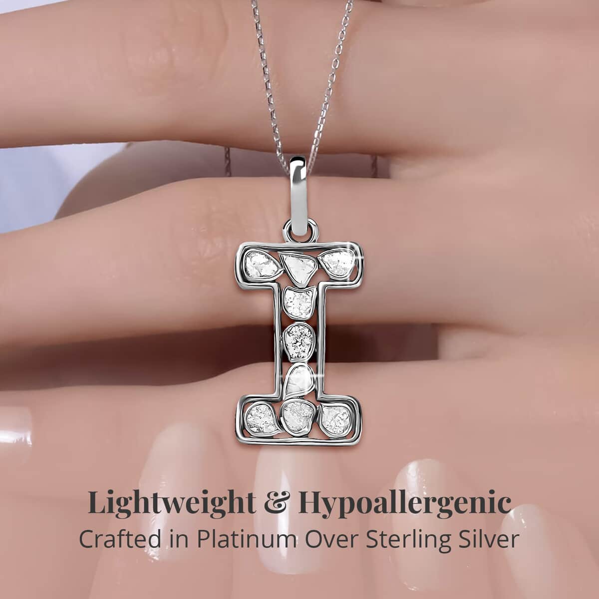 Artisan Crafted Polki Diamond Initial I Pendant Necklace (20 Inches) in Platinum Over Sterling Silver image number 2