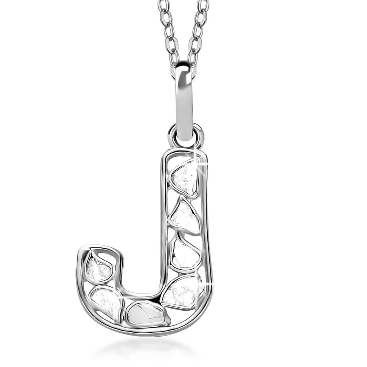 Artisan Crafted Polki Diamond Initial J Pendant Necklace (20 Inches) in Platinum Over Sterling Silver image number 0