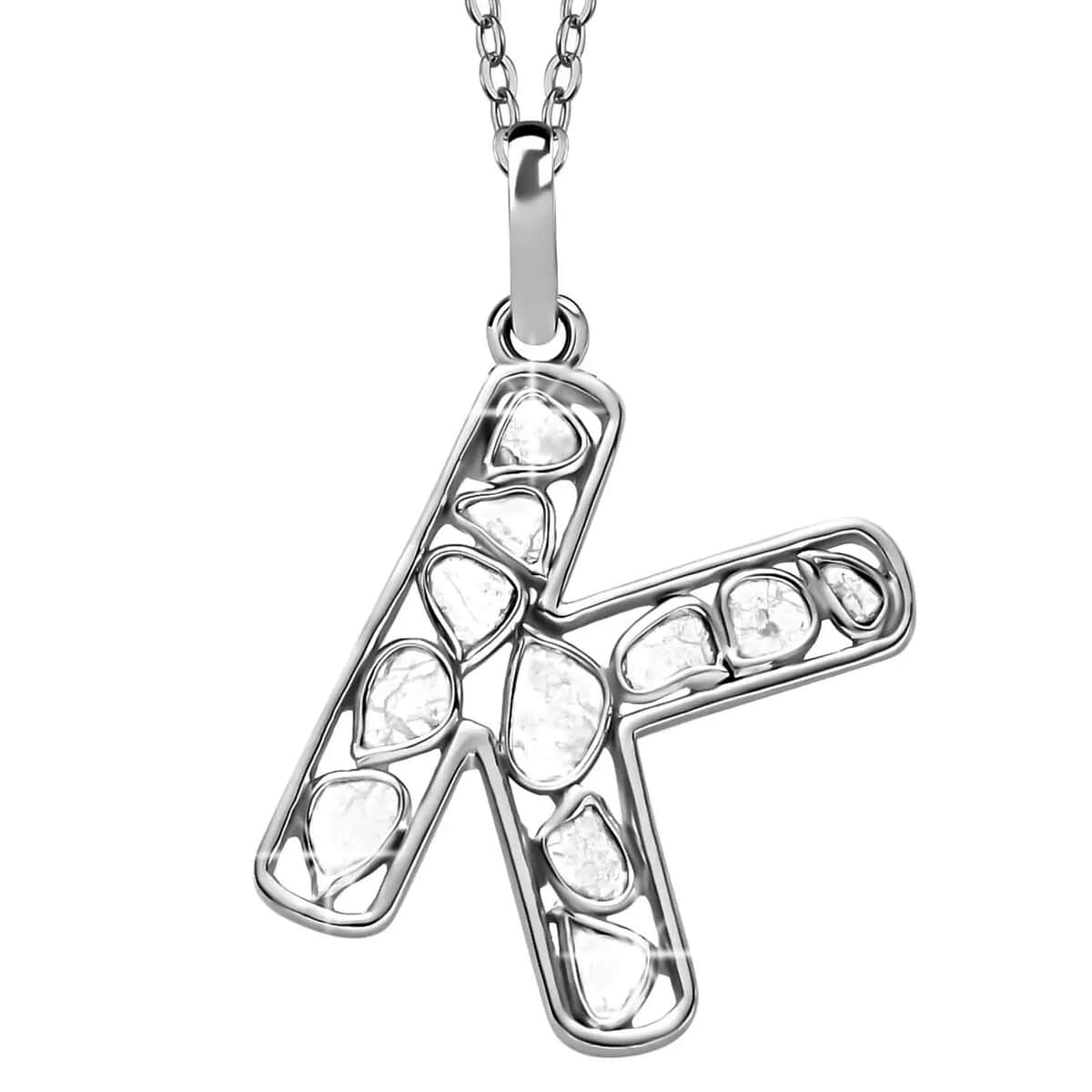 Natural Uncut Polki Diamond Initial K Pendant Necklace  in Platinum Over Sterling Silver 20 Inches 0.50 ctw image number 0