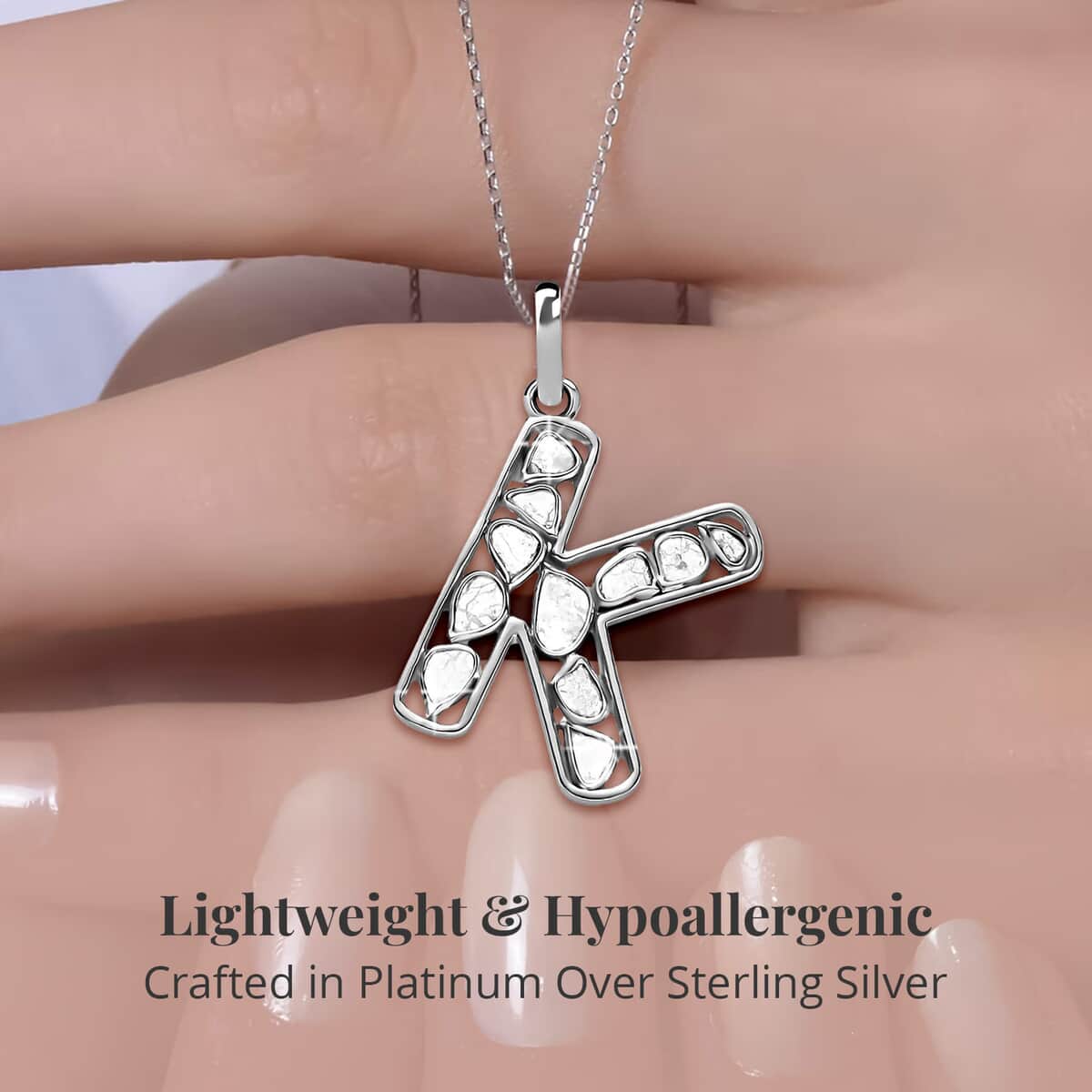 Natural Uncut Polki Diamond Initial K Pendant Necklace (20 Inches) in Platinum Over Sterling Silver image number 2