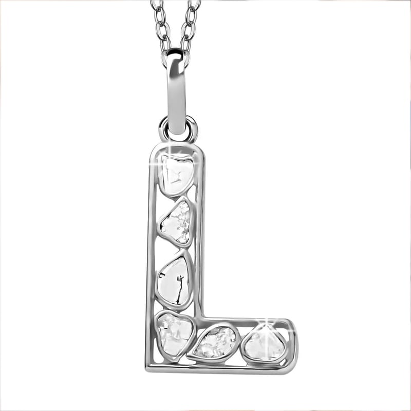 Natural Uncut Polki Diamond 0.50 ctw Initial L Pendant Necklace in Platinum Over Sterling Silver 20 Inches