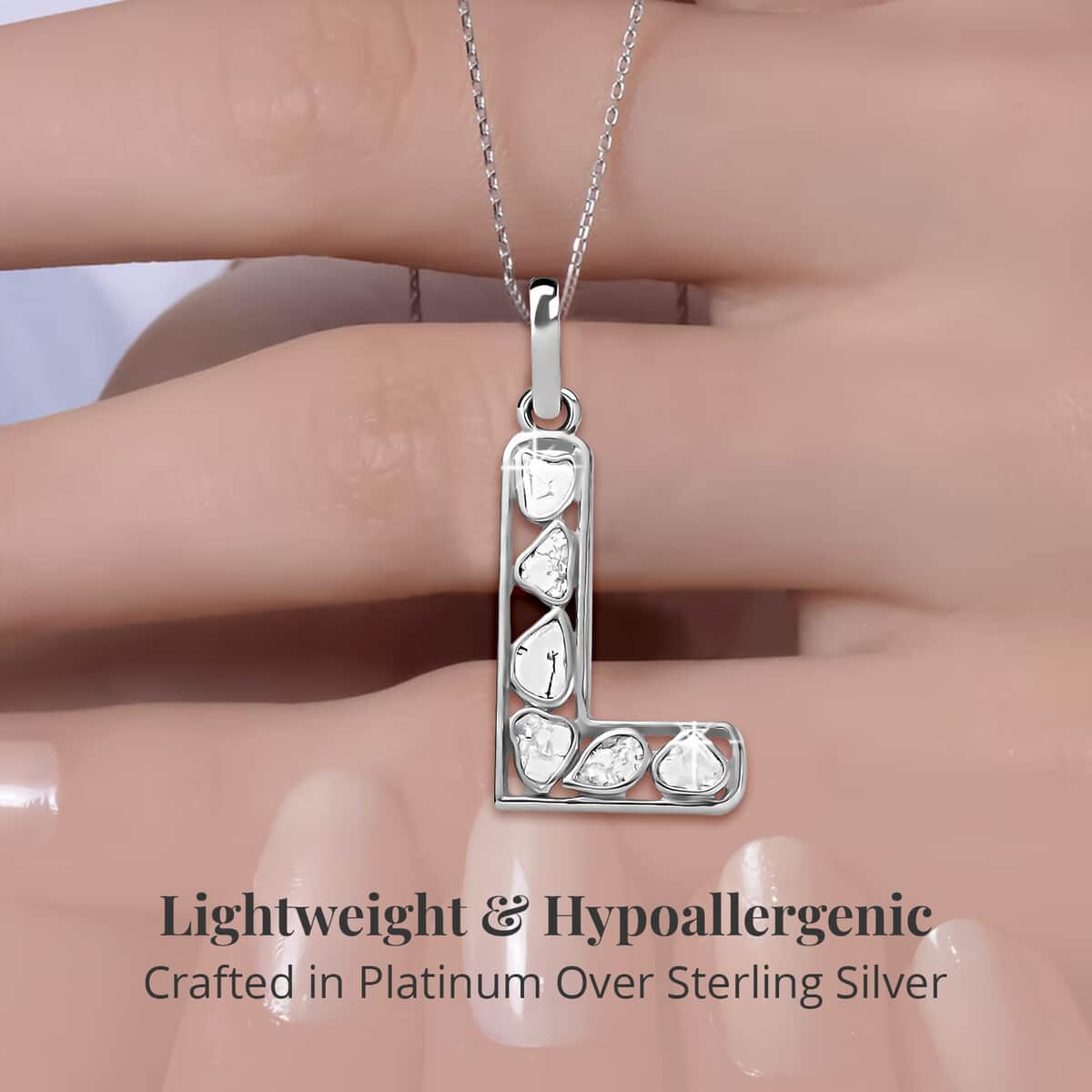 Natural Uncut Polki Diamond Initial L Pendant Necklace (20 Inches) in Platinum Over Sterling Silver image number 2