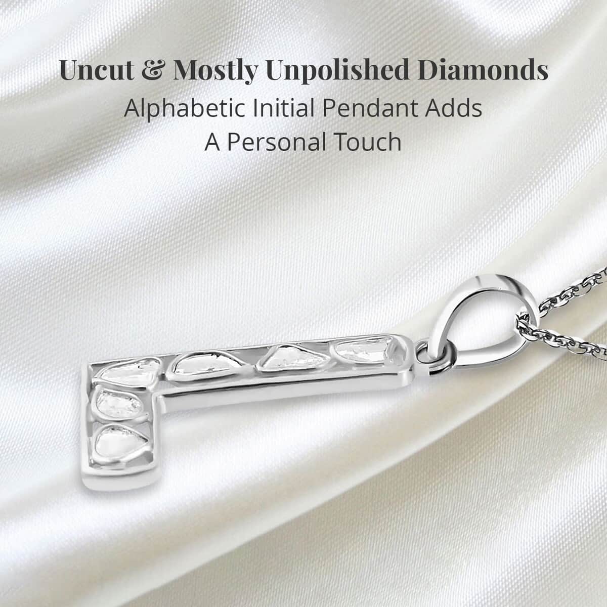Natural Uncut Polki Diamond Initial L Pendant Necklace  in Platinum Over Sterling Silver 20 Inches 0.50 ctw image number 3