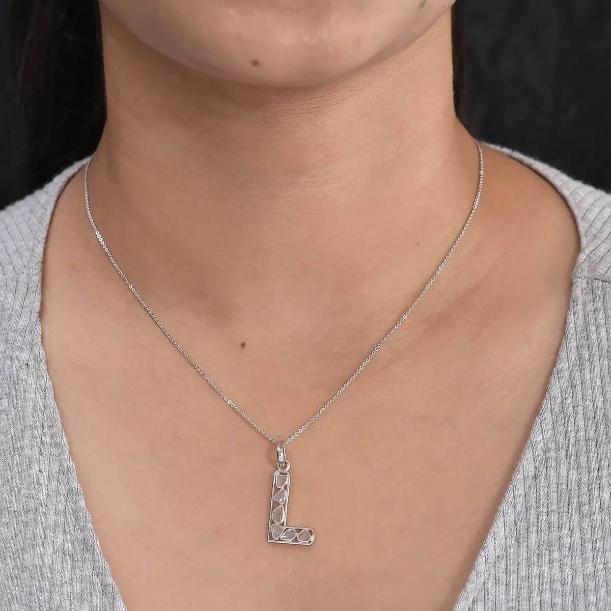 Natural Uncut Polki Diamond Initial L Pendant Necklace  in Platinum Over Sterling Silver 20 Inches 0.50 ctw image number 6