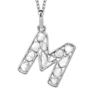 Natural Uncut Polki Diamond Initial M Pendant Necklace (20 Inches) in Platinum Over Sterling Silver