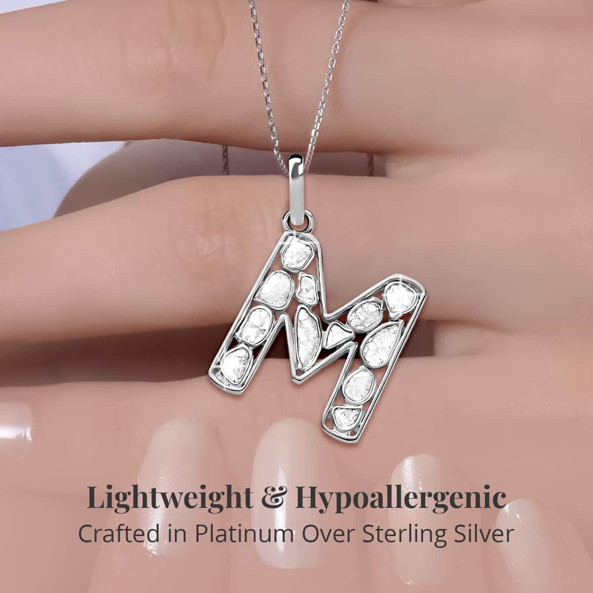 Natural Uncut Polki Diamond Initial M Pendant Necklace  in Platinum Over Sterling Silver 20 Inches 0.50 ctw image number 2