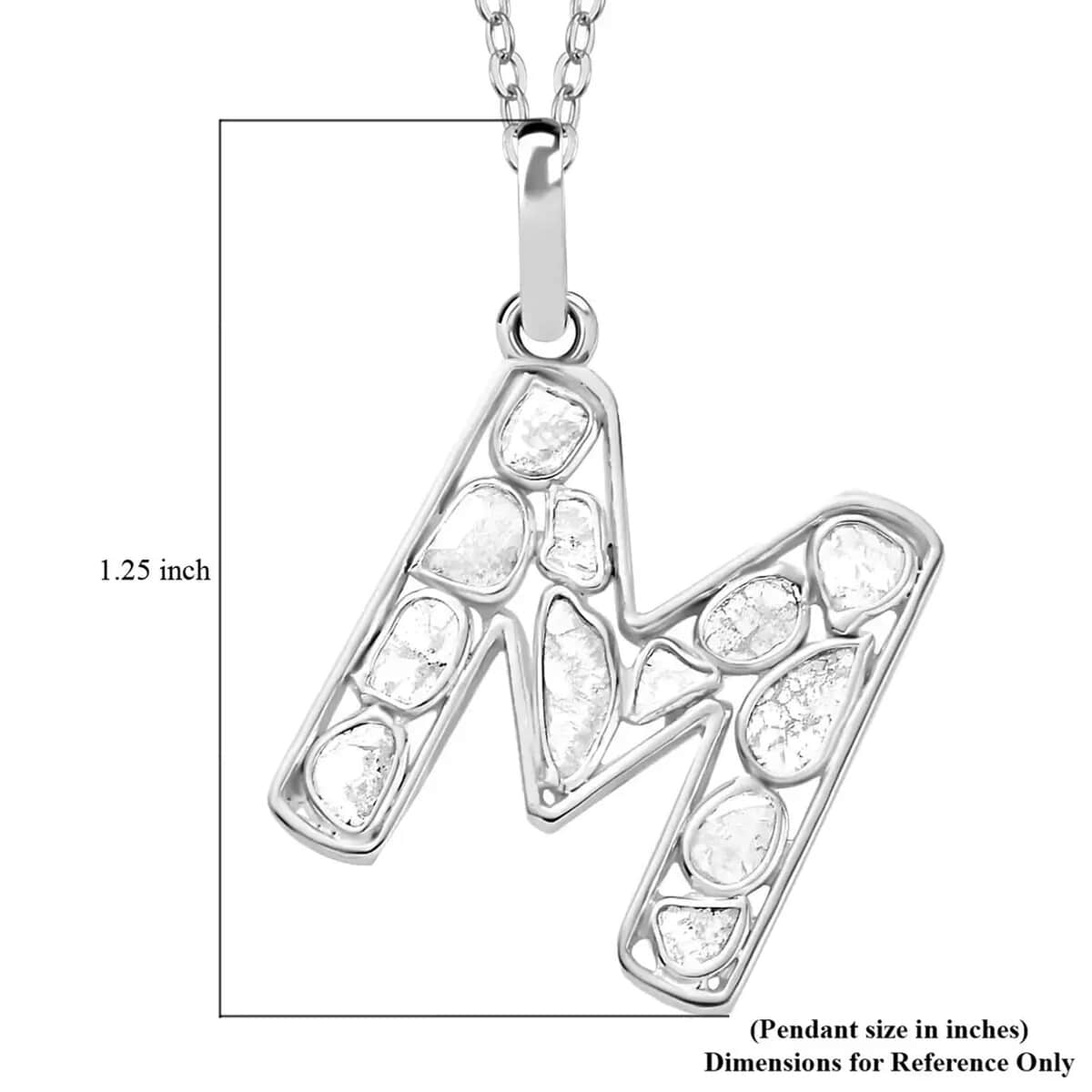 Natural Uncut Polki Diamond Initial M Pendant Necklace  in Platinum Over Sterling Silver 20 Inches 0.50 ctw image number 5