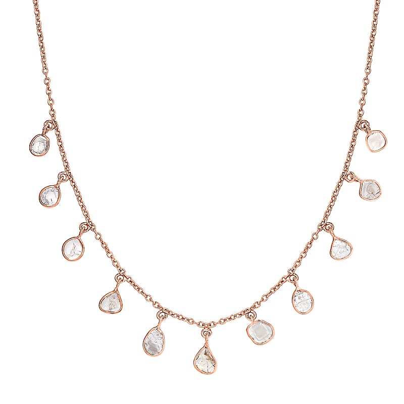 Artisan Crafted Polki Diamond Dainty Drop Station Necklace 18-20 Inches in 14K Rose Gold Over Sterling Silver 2.00 ctw