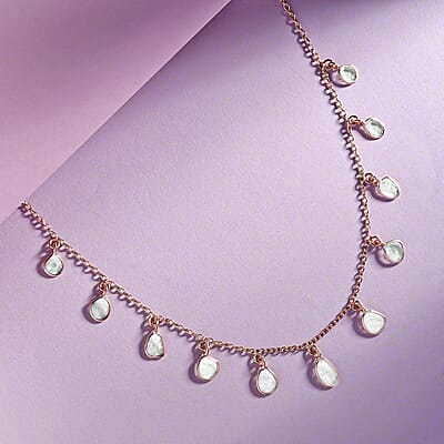Artisan Crafted Polki Diamond Dainty Drop Station Necklace 18-20 Inches in 14K Rose Gold Over Sterling Silver 2.00 ctw