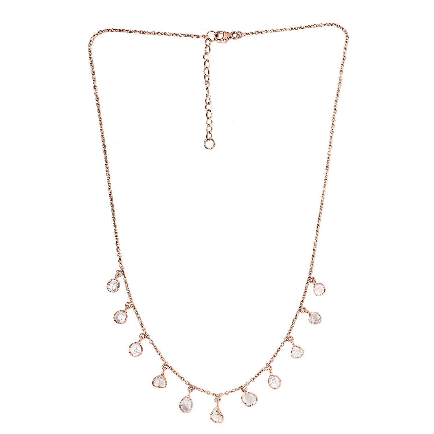 Artisan Crafted Polki Diamond Dainty Drop Station Necklace 18-20 Inches in 14K Rose Gold Over Sterling Silver 2.00 ctw