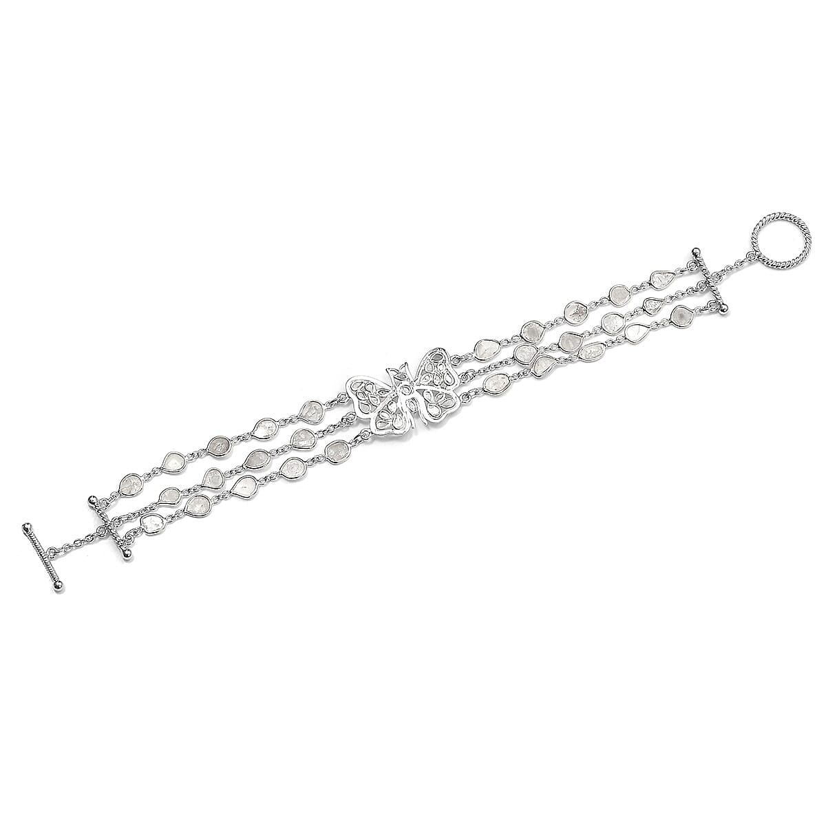 Artisan Crafted Polki Diamond Three Row Butterfly Bracelet in Platinum Over Sterling Silver (7.25 In) 4.00 ctw